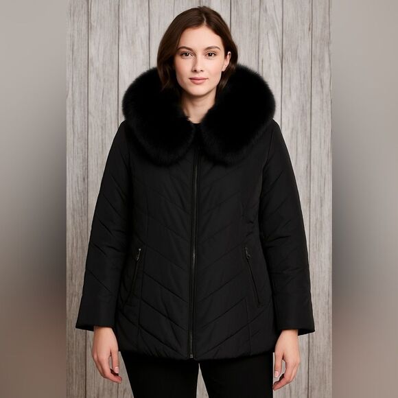 Steve Madden Solid Color Regular Black winter Coat with attached black real fox - Picture 1 of 11
